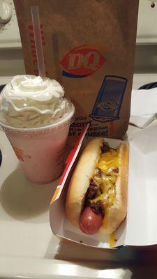 Strawberry Milkshake & Chili Cheese Dog