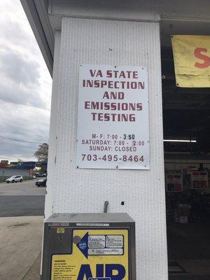 VA state inspection and emissions testing M-F: 7:00 - 3:50 Saturday: 7:00 - 2:00 Sunday: closed