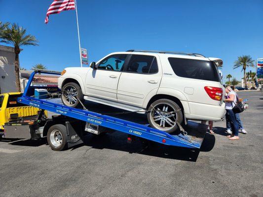 Loaded up for a trip to Firestone to replace the alternator and battery and fix the nail in the tire our tow truck driver found :-(