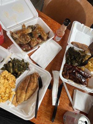 Cajun catfish, BBQ ribs, baked chicken wings, Mac & cheese, collard greens all so good!