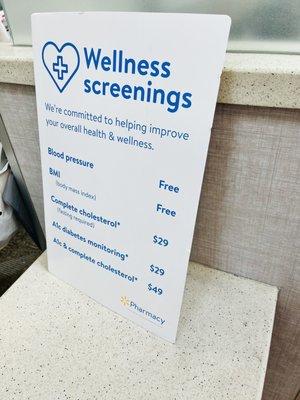 Wellness screening lists from blood pressure to BMI to cholesterol and AIC testing