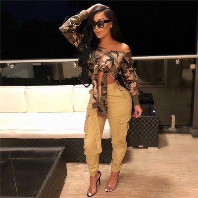 Royalties Long Sleeve One Shoulder Camouflage Crop Top