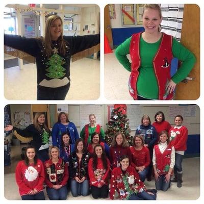 Staff wearing ugly Christmas sweaters 2013