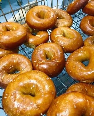 Fresh pretzel bagels!     Left Hand Bagels makes a delicious pretzel bagel made with malt, butter and a sprinkling of salt!