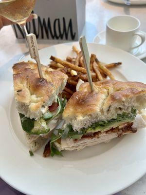 Club sandwich (10lbs of turkey, Avocado, bacon, focaccia) with fries -$16: fantastic!