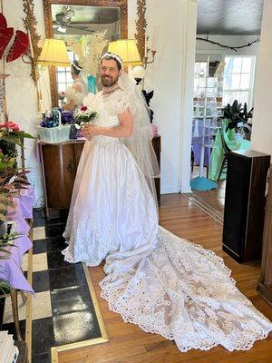 Mitch the blushing bride, publicly humiliated due to lost fantasy football punishment. Bearded Man in wedding dress