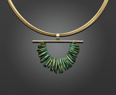 Contemporary pendant made from turquoise beads from the Ajax mine in Nevada, and 14k yellow gold