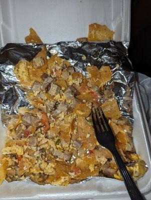 Migas plate with carnitas