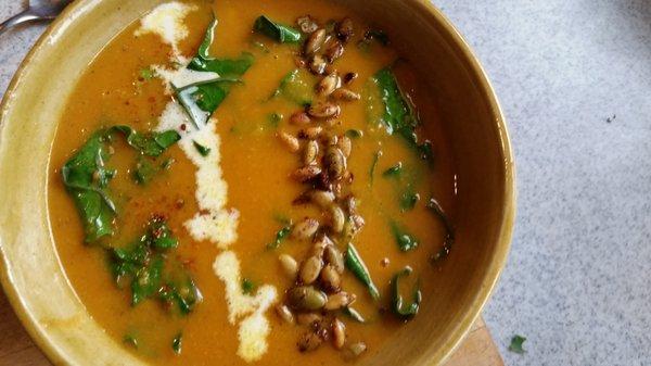 Coconut Pumpkin Soup, Wilted Chard, Lemon Yogurt, Chipotle Powder