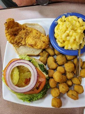 Grouper Sandwich with fried okra and Mac and cheese!