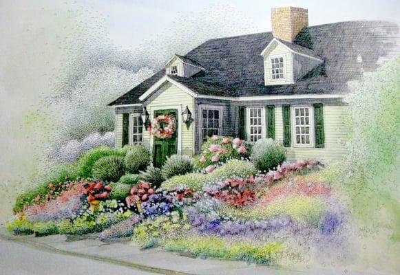 "Garden Cottage" a pen, ink and watercolor painting by Jane Bailey