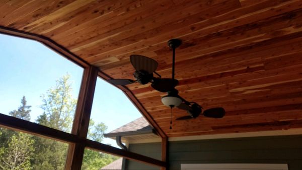 Custom cedar plank porch with lighting install