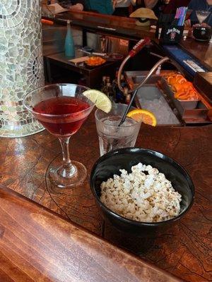 One of my favorite martinis. Kevin's B Flower. Oh yeah, and the free popcorn is incredible. Just the perfect mix of sweet and savory.