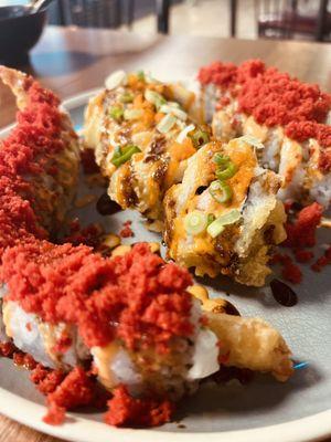 Auska Roll in middle, with Shrimp Tempura Roll and Rock'n Roll