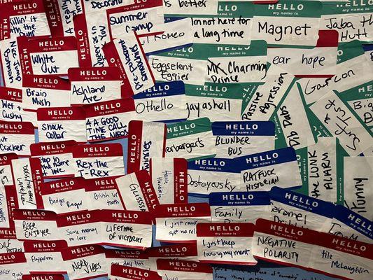 Bathroom wall of name tags