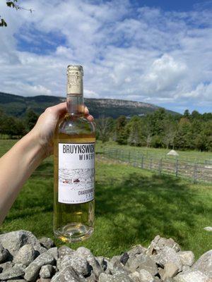 Award winning bottle of wine with a view of the Ridge.