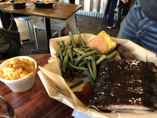 Mac and cheese, green beans, cornbread, St. Louis ribs and brisket