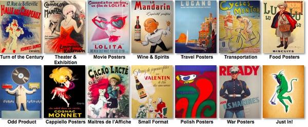 Our poster offerings come in many categories such as Art Nouveau, Theatre and Exhibition, Wine and Spirits, Travel, Aviation,Bicycles,Trains