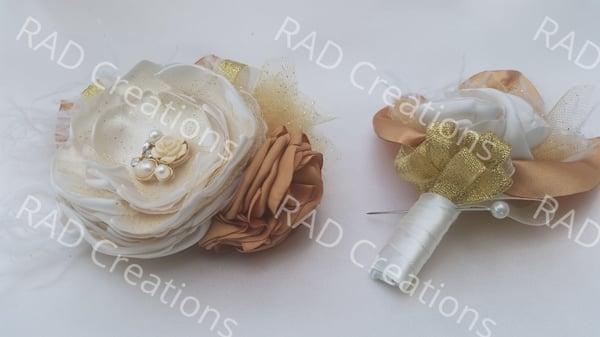 Satin singed flower corsages and boutonnieres by Rad Couture Boutique
 
 www.radcoutureboutique.com
 www.facebook.com/radcoutureboutique