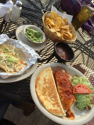 Chicken taco, veggie plate with bean burrito, cheese quesadilla, chilupa