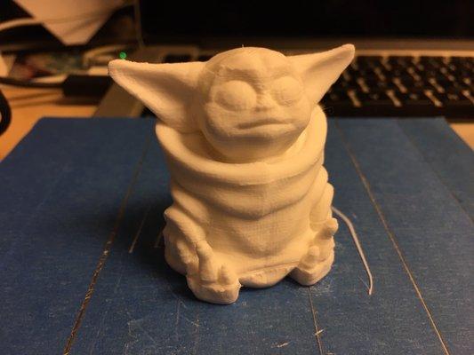 A 3D printer "Baby Yoda" figure, made on a 3D printer I built at the makerspace