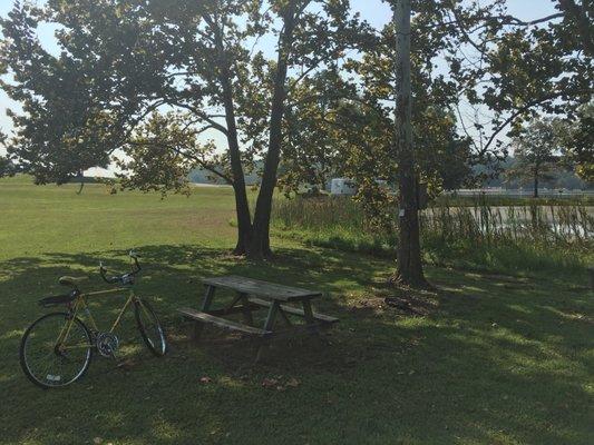 Random picnic tables scattered About