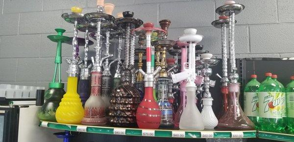 Hookahs and accessories. Beautiful Hookahs waiting for you to take them home. :)