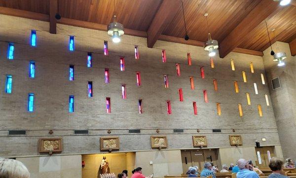 Interior lights on side of church