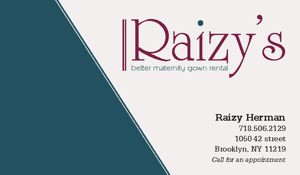 Business cards for Raizy's Gown rental