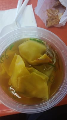 Wonton soup. Thick and over cooked (browning from over heat). Nice touches with the pork bits and the broth was tasty.