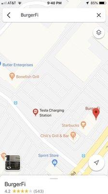 Google map screen-shot showing location of chargers. Yelp map was not updated with new businesses when I did the first review.