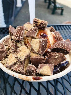 Cookie dough ice cream with peanut butter cups & hot fudge