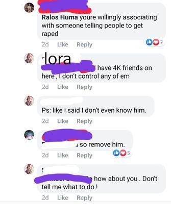 Lora is more offended by you expecting her to do anything than by her fb friends telling women to get raped