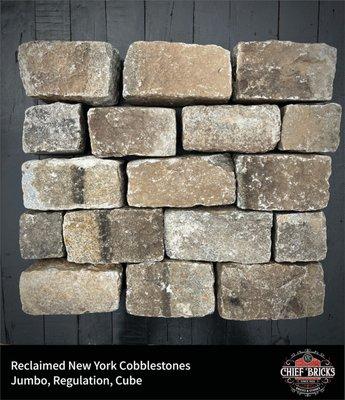 Reclaimed used cobblestones. Jumbos, regulations, cubes. Sourced, cleaned and packaged by Chief Bricks.