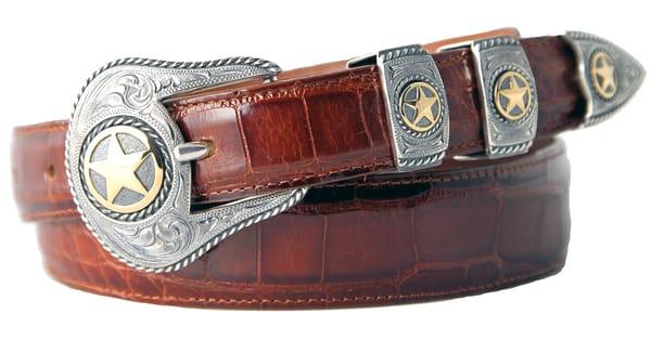 Engraved Sterling Silver and 14K Gold Star Belt Buckle