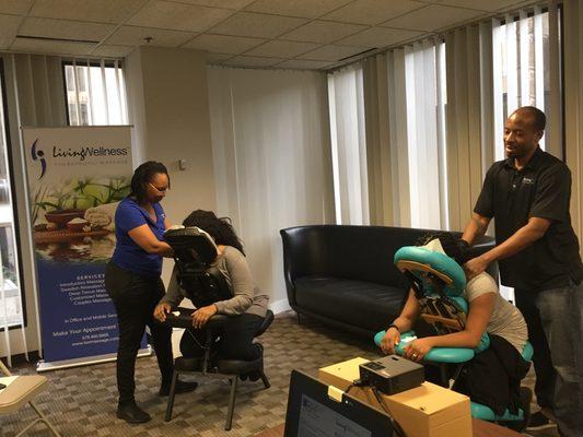 We offer in-office chair massages in 10, 15, 20, or 30-minute increments.