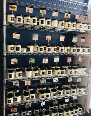 One of the several racks of candle scents to choose from.