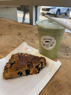 Matcha latte and blueberry scone