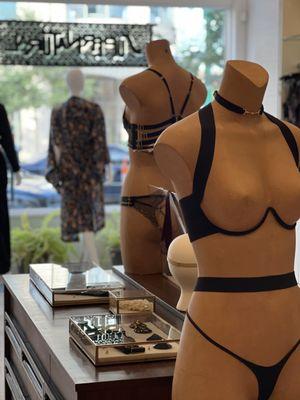 Supernatural Birmingham shop, view of lingerie on mannequins from the inside facing street side window.