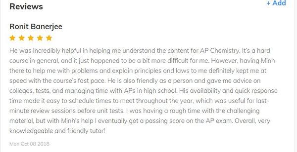 Review posted on a tutoring website from a proud and satisfied AP Chemistry client during 2017-2018 school year!