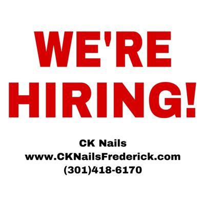 Manicurist/Nail Technician wanted! Check out our web page at www.cknailsfrederick.com