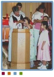 Pastor Nancy sharing the baptismal font with Sunday Schoolers at Faith Lutheran Church, Seattle.