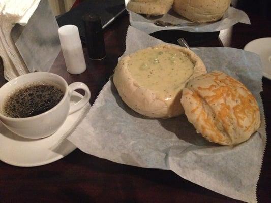 Delicious and large bread bowl ($5.95).
 Bottomless cup of coffee ($3.25).