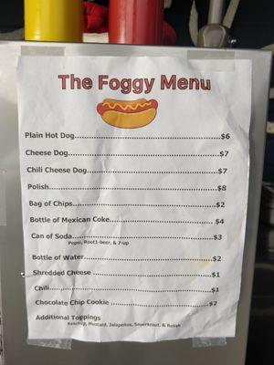 The Foggy Wiener hot dog cart Menu