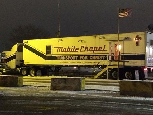 Mobile Chapel on site, next to CAT scales.