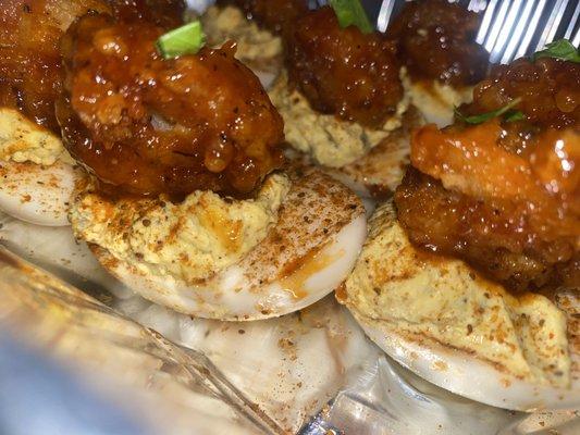 Delight in a heavenly pairing of deviled eggs topped with honey BBQ fried shrimp. Creamy, tangy, and crispy unite in this tantalizing fusion