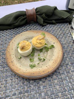 Bacon Deviled Eggs topped with Pork Rinds