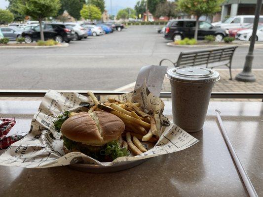 Classic burger single patty, fries, and an Oreo milkshake!