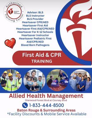 American Heart Association First Aid & CPR Training to include Provider BLS.