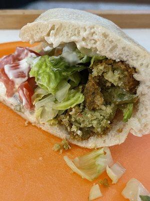 Side cut of falafel pita